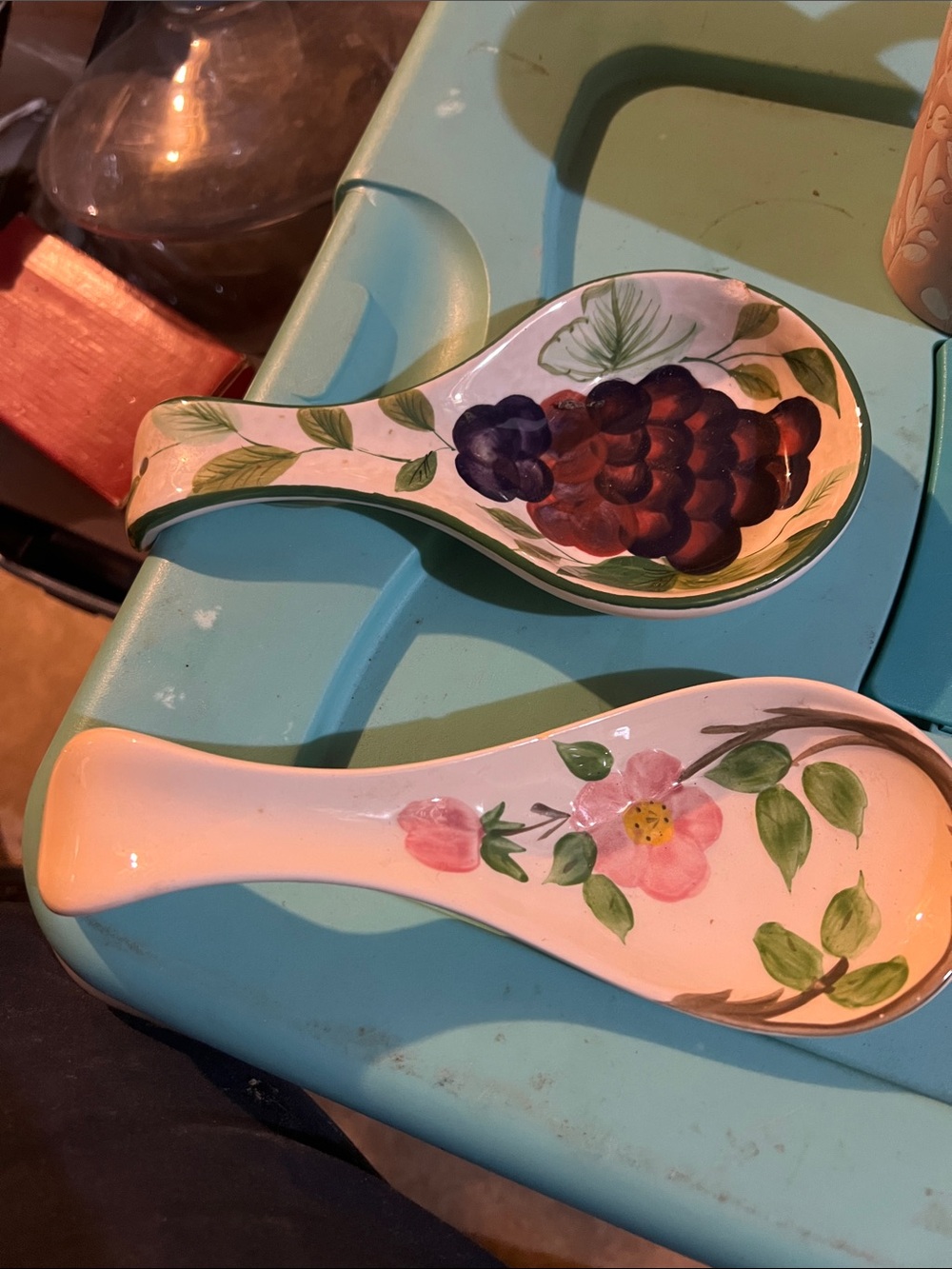 Vintage Hand-Painted Ceramic Spoon Rests - Floral & Grape Designs